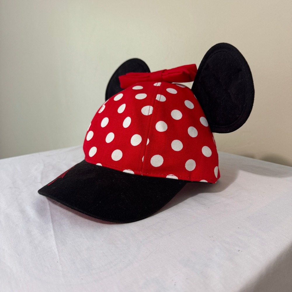 Disney Parks Minnie Mouse Polka Dot Snapback Hat Youth Red White Ears Bow Cap - Picture 7 of 7